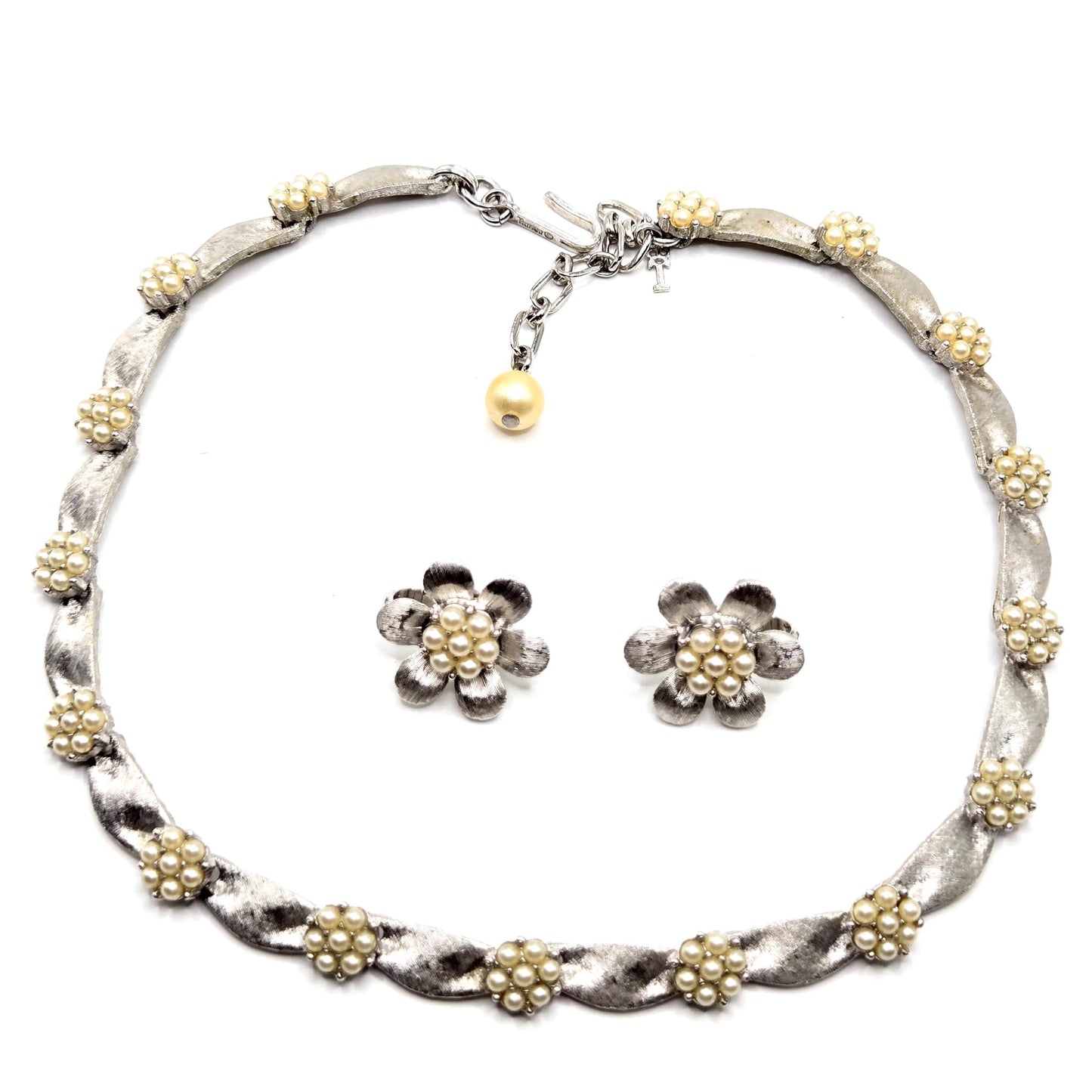 Vintage TRIFARI CROWN signed Ribbon Faux Pearls Brushed Silver tone Necklace and flower clip on earrings set