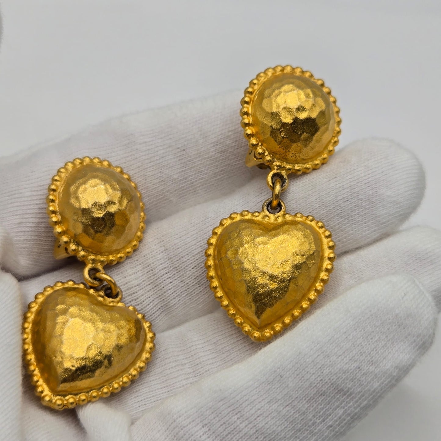Vintage Heart Etruscan style gold tone designer runway clip on Earrings