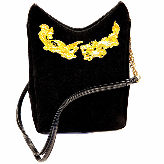 Vintage Black Suede Leather Gold
Dragon & Phoenix shoulder bag purse designer runway