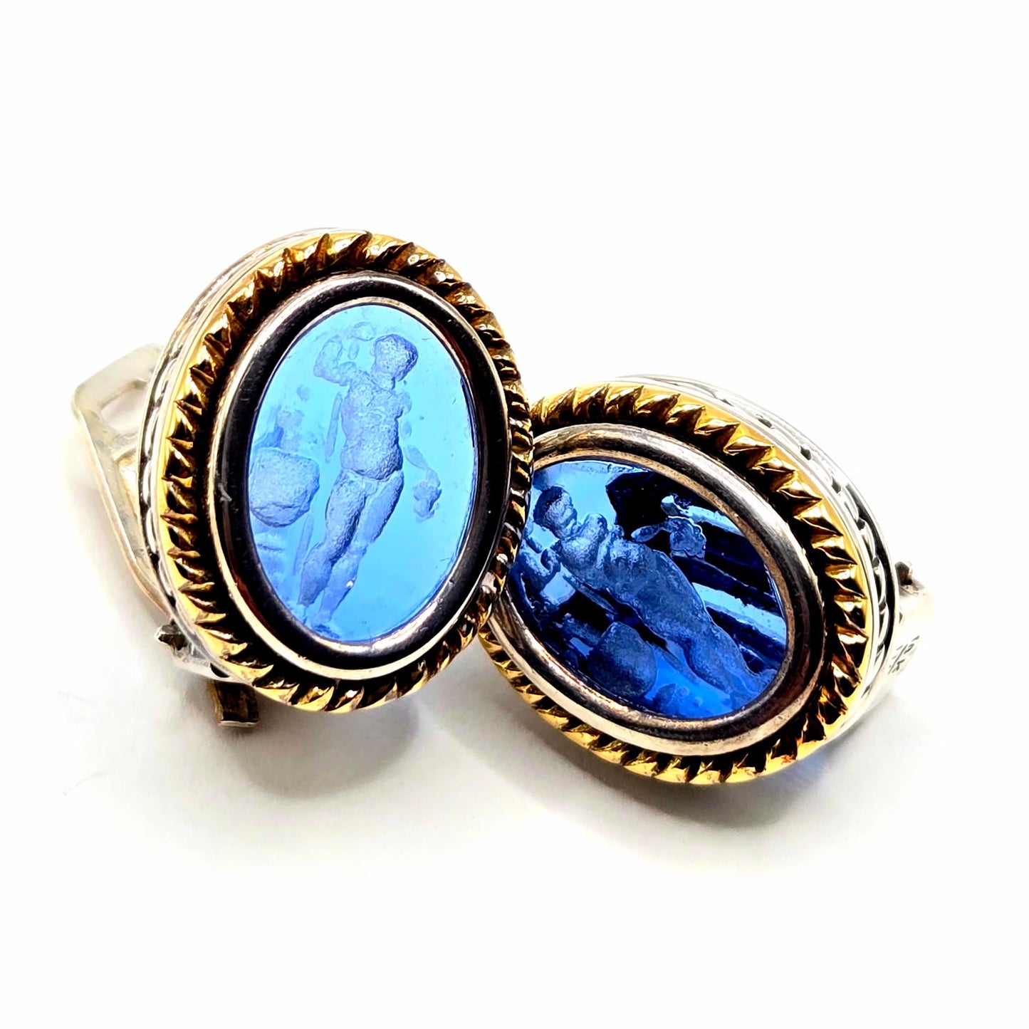 Vintage Italian FLLI MENEGATTI  925 Sterling Silver, 18K Yellow
Gold Blue Hand Carved Venetian Glass Intaglio EARRINGS