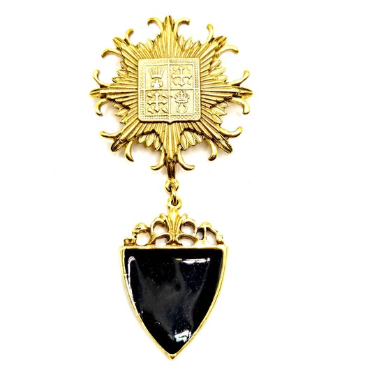 Vintage Symbol Crest Dangle Shield black Enamel gold tone Brooch