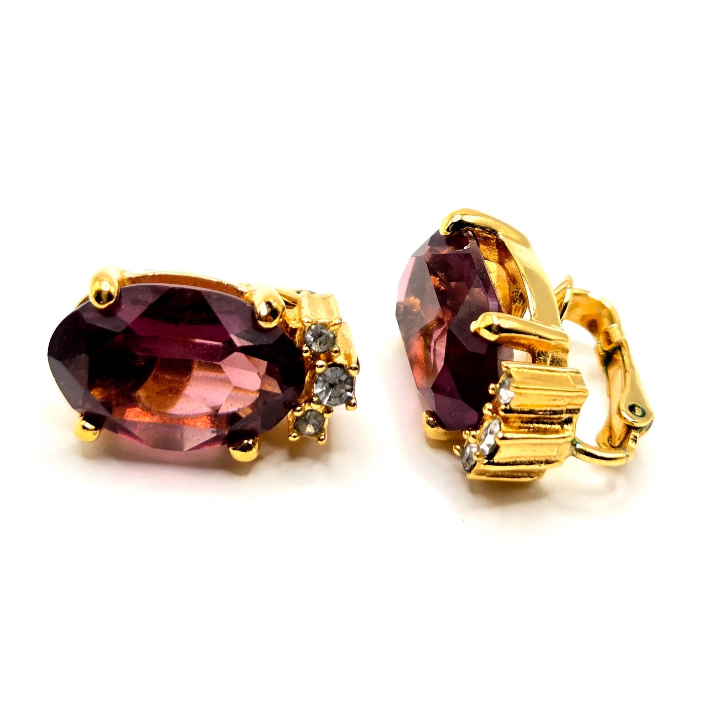 Vintage CHRISTIAN DIOR  Gold tone Amethyst Crystals Clip On Earrings