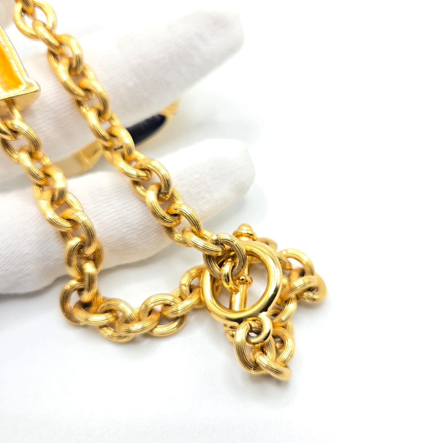 Vintage MONET navy blue and cream enamel gold tone chain necklace and earrings set designer runway