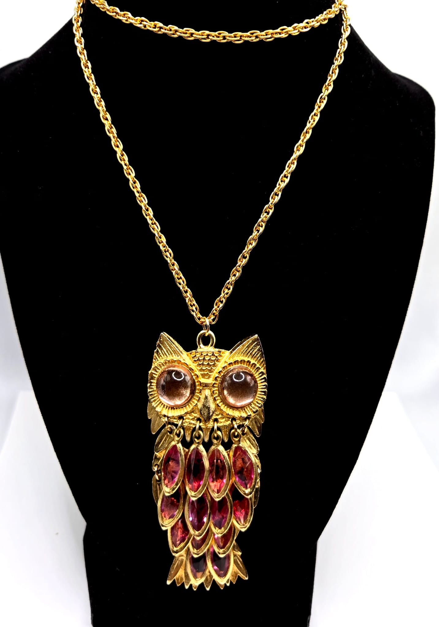 Vintage Huge Owl Pink Bazel Crystals jelly belly eyes gold tone necklace