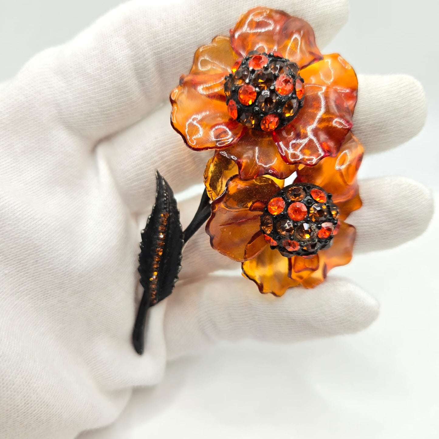 Vintage VENDOME signed huge Amber Lucite Flower rhinestones black Brushed enamel Brooch pin