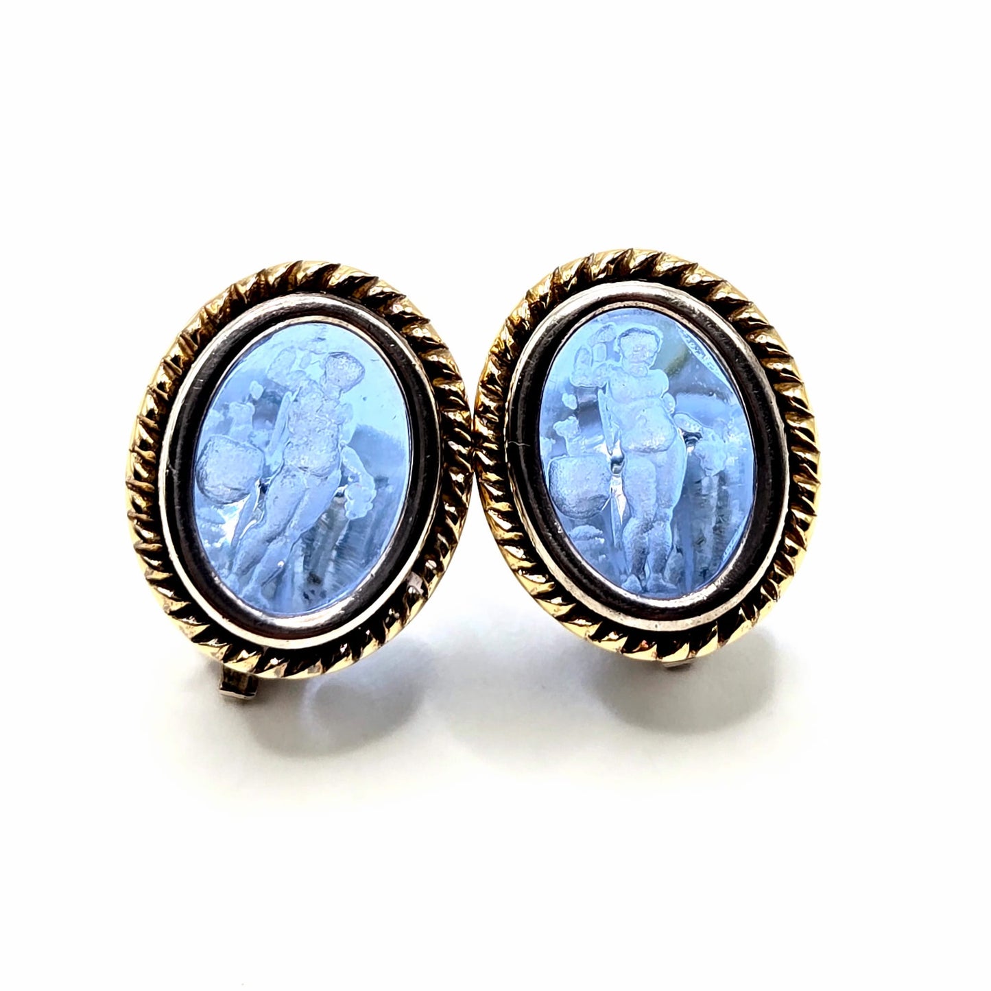 Vintage Italian FLLI MENEGATTI  925 Sterling Silver, 18K Yellow
Gold Blue Hand Carved Venetian Glass Intaglio EARRINGS