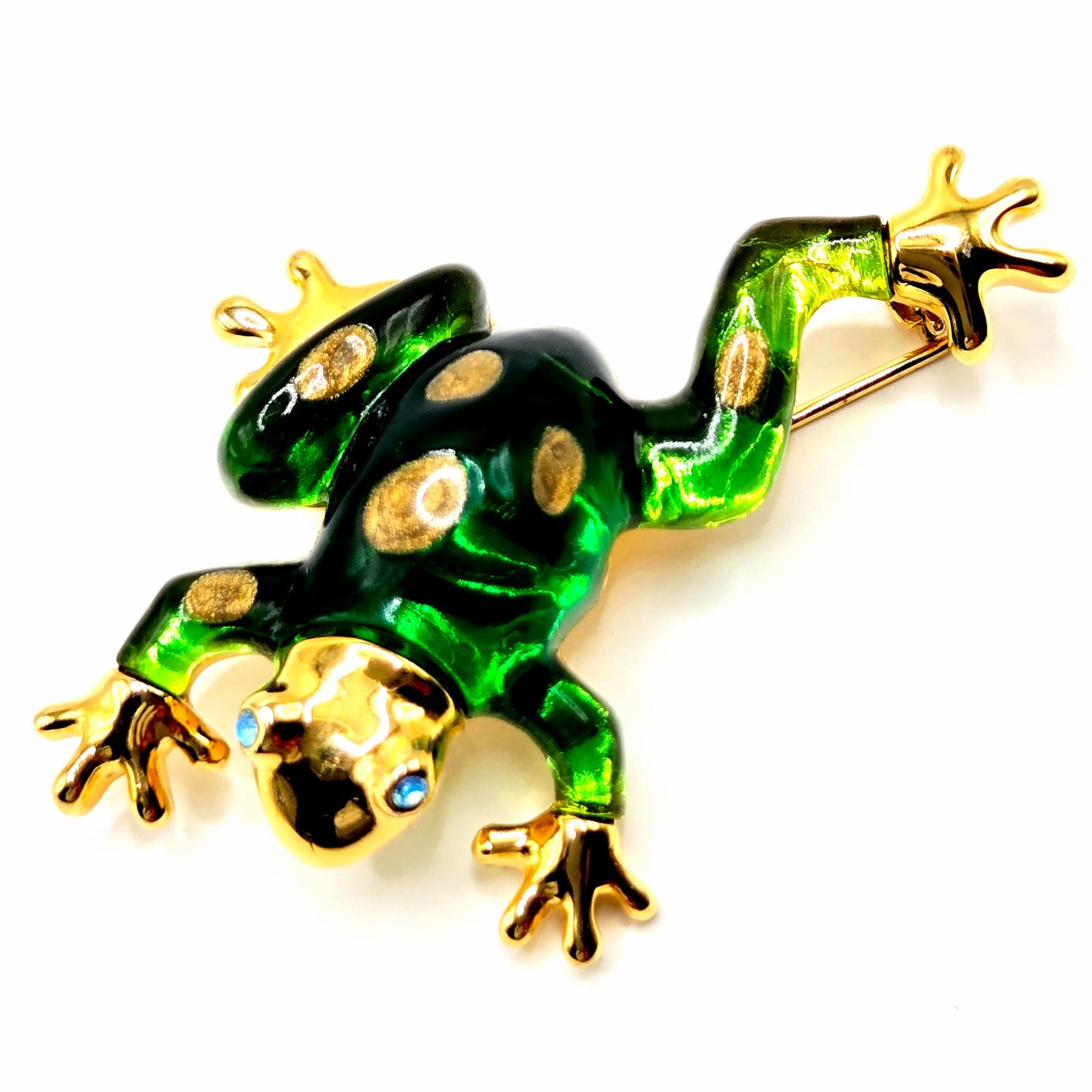 Vintage ANNE KLEIN Frog green lucite gold tone blue eyes rhinestones brooch pin