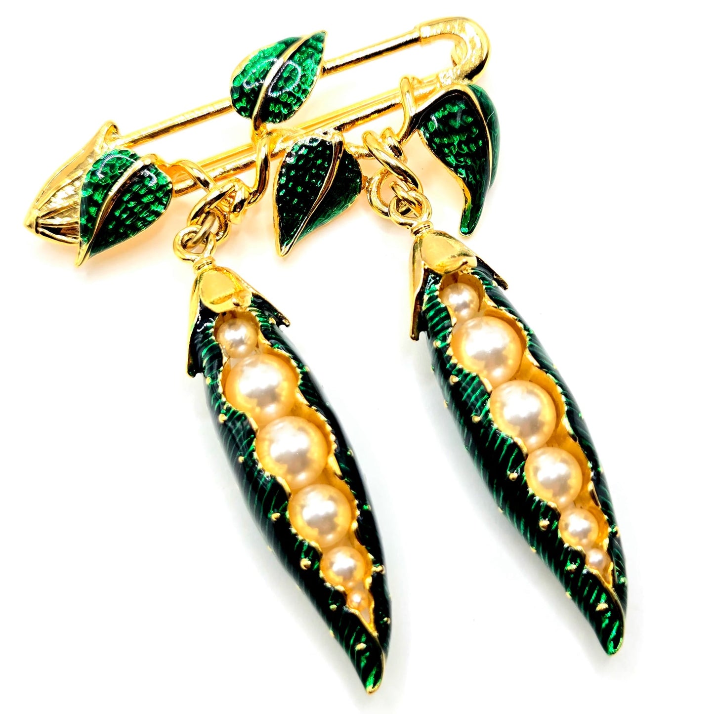 Vintage EDGAR BEREBI Pea Pods green enamel Faux Pearls dangle Pin Brooch