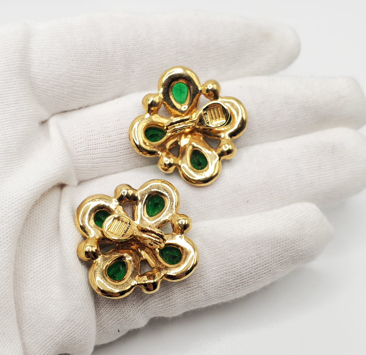 Vintage MONET Green Emerald Gold Tone Cross Clip On Earrings