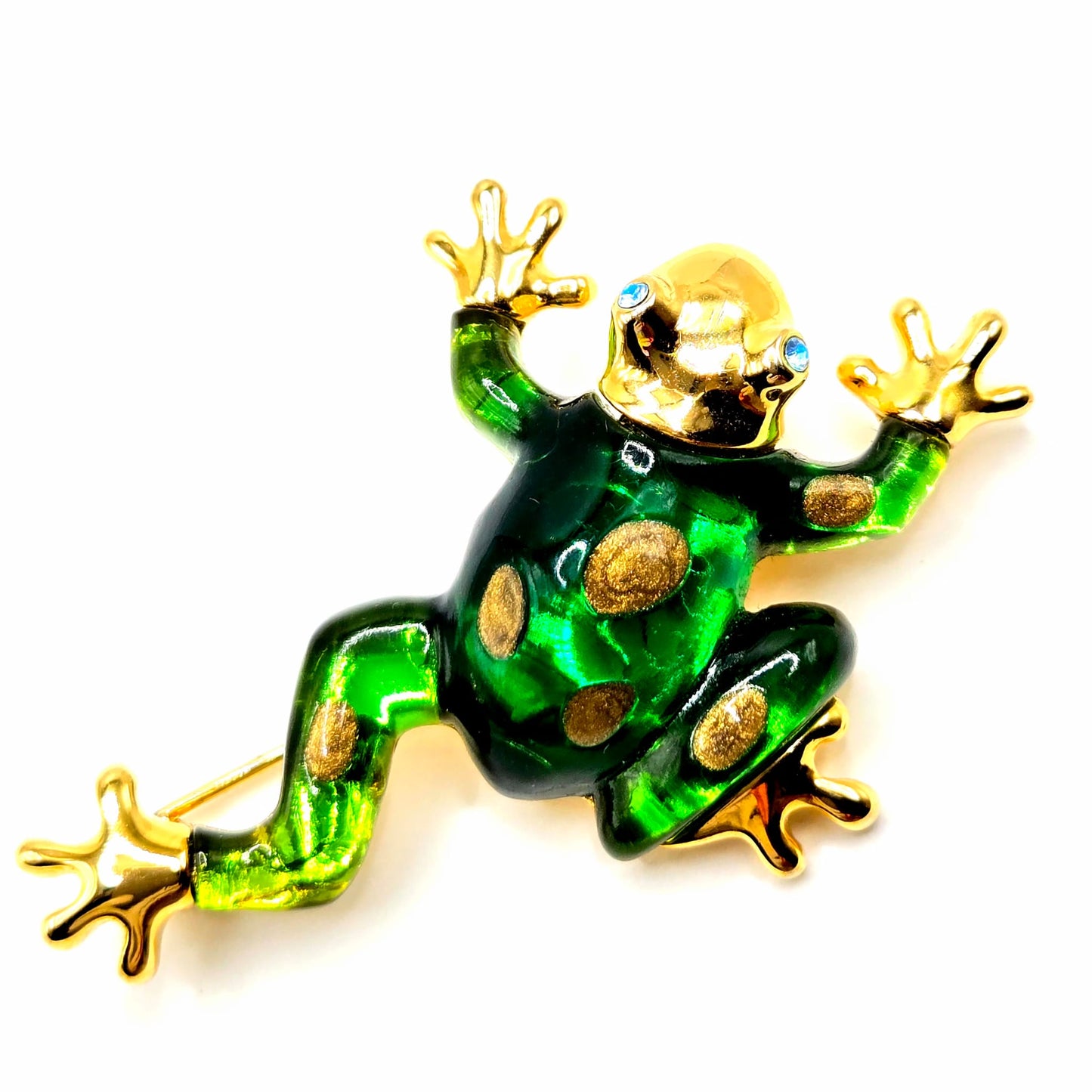 Vintage ANNE KLEIN Frog green lucite gold tone blue eyes rhinestones brooch pin