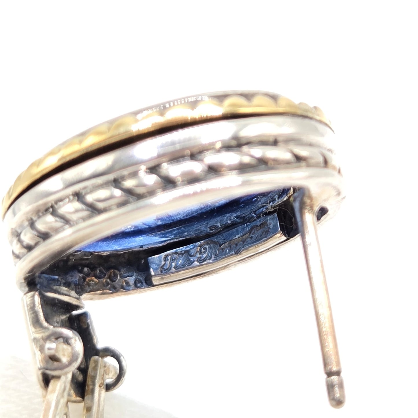 Vintage Italian FLLI MENEGATTI  925 Sterling Silver, 18K Yellow
Gold Blue Hand Carved Venetian Glass Intaglio EARRINGS