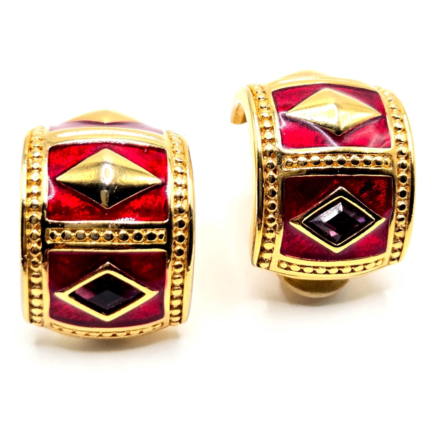 Vintage SWAROVSKI SWAN half hoop red enamel purple crystal gold tone Etruscan Clip On Earrings