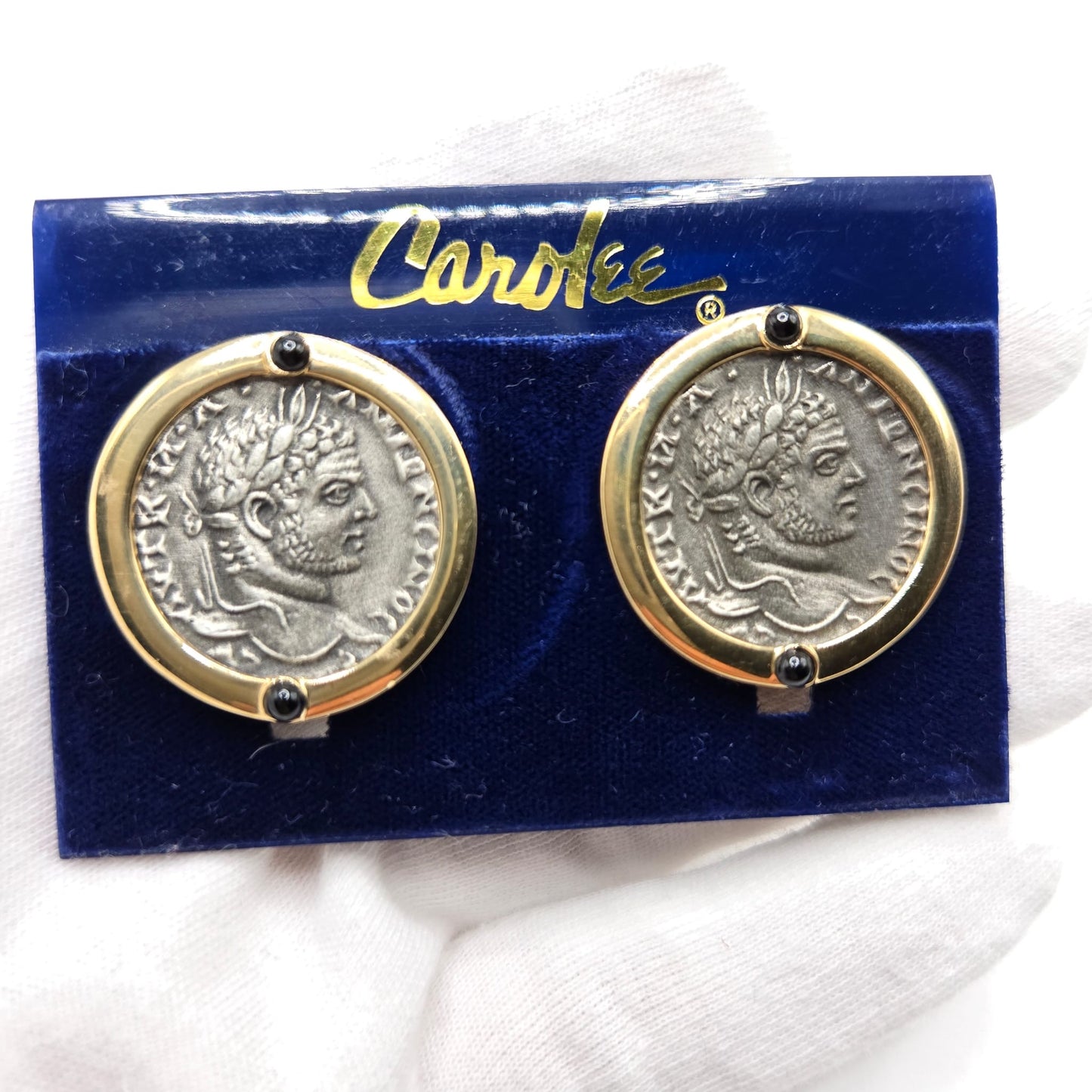 Vintage CAROLEE  Round Roman coin black Cabochon gold tone designer runway clip on earrings