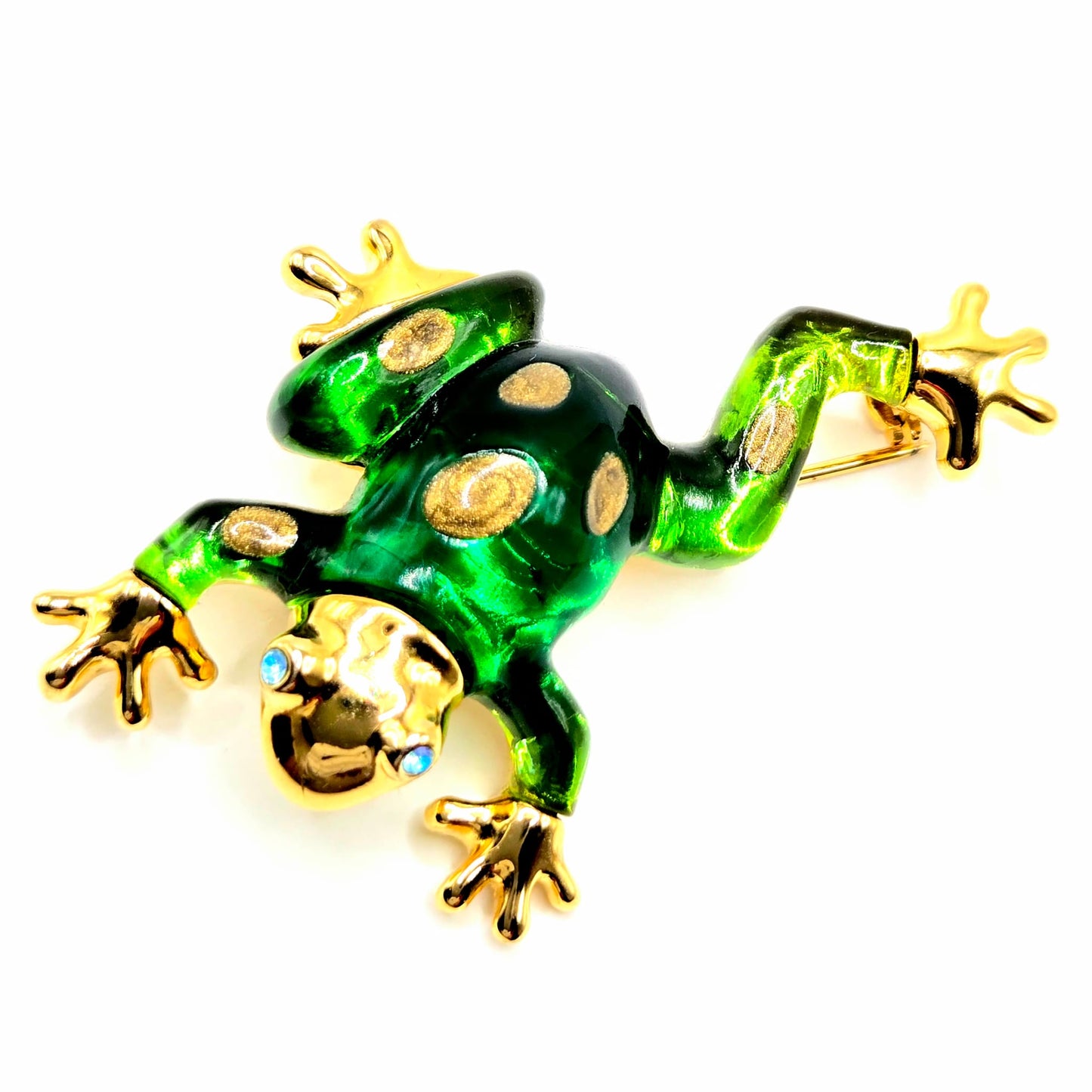 Vintage ANNE KLEIN Frog green lucite gold tone blue eyes rhinestones brooch pin