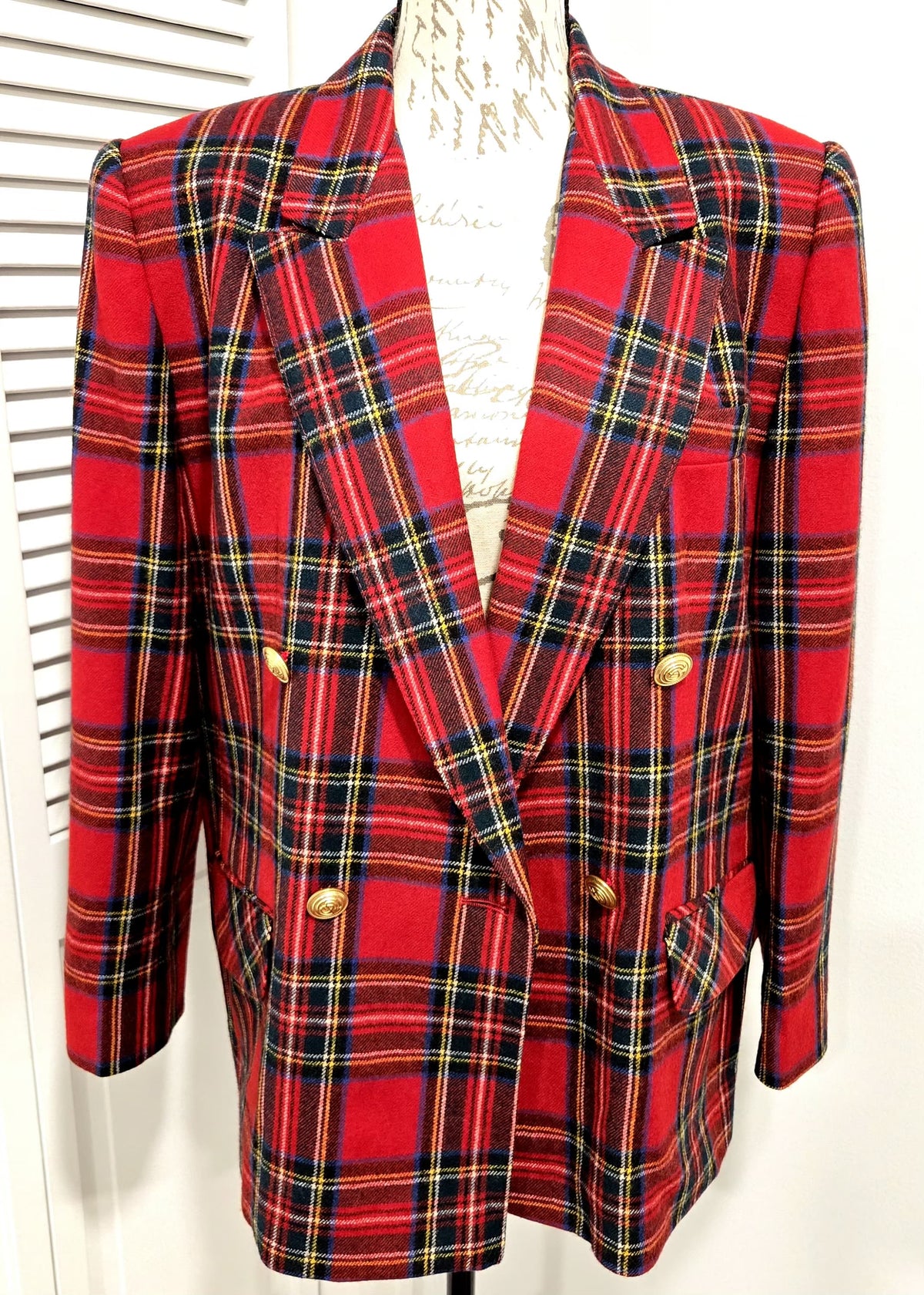 Vintage 80s GIORGIO SANT’ANGELO Red Tartan Plaid Wool Blazer Brass Buttons Sz 12 M-L