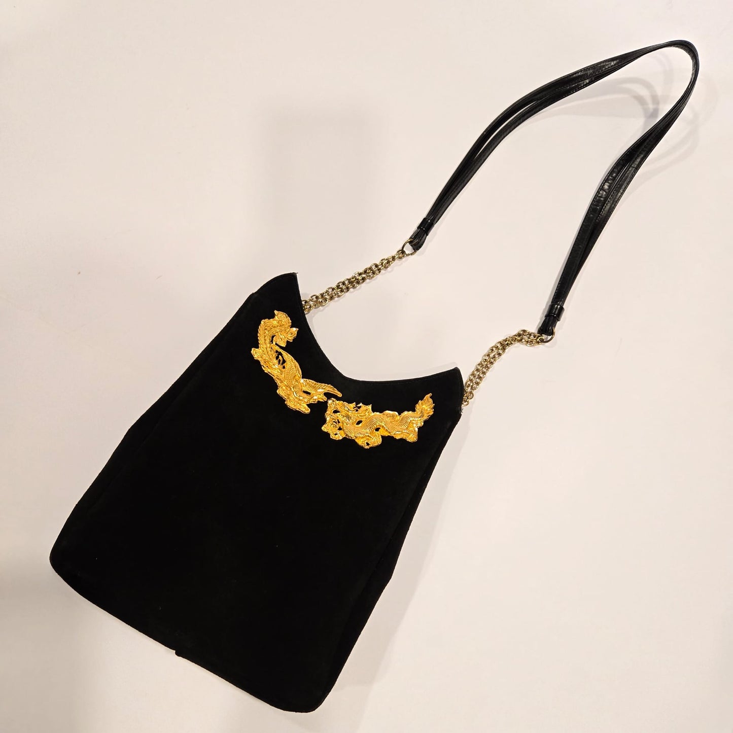 Vintage Black Suede Leather Gold
Dragon & Phoenix shoulder bag purse designer runway