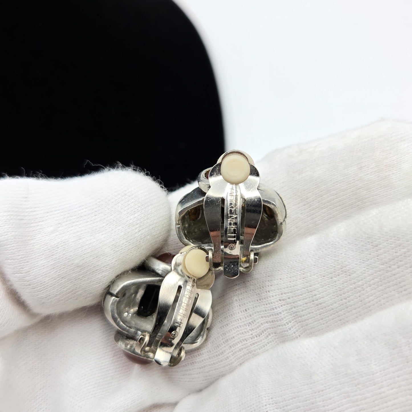 Vintage FAHRENHEIT Mixed Metal red black Cabochon Modernist  silver tone Clip on Earrings