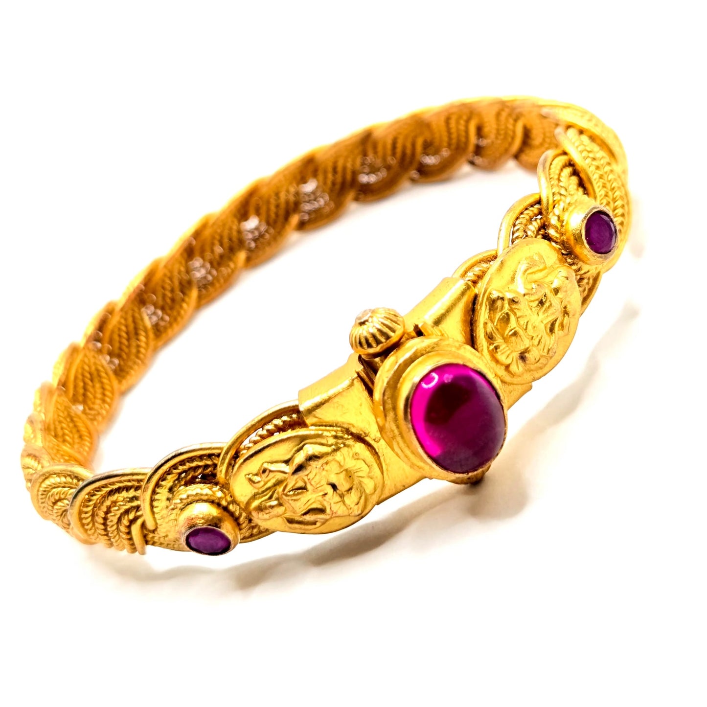 Vintage 925 Silver Temple Kada braided screw pink Cabochon gold tone bracelet