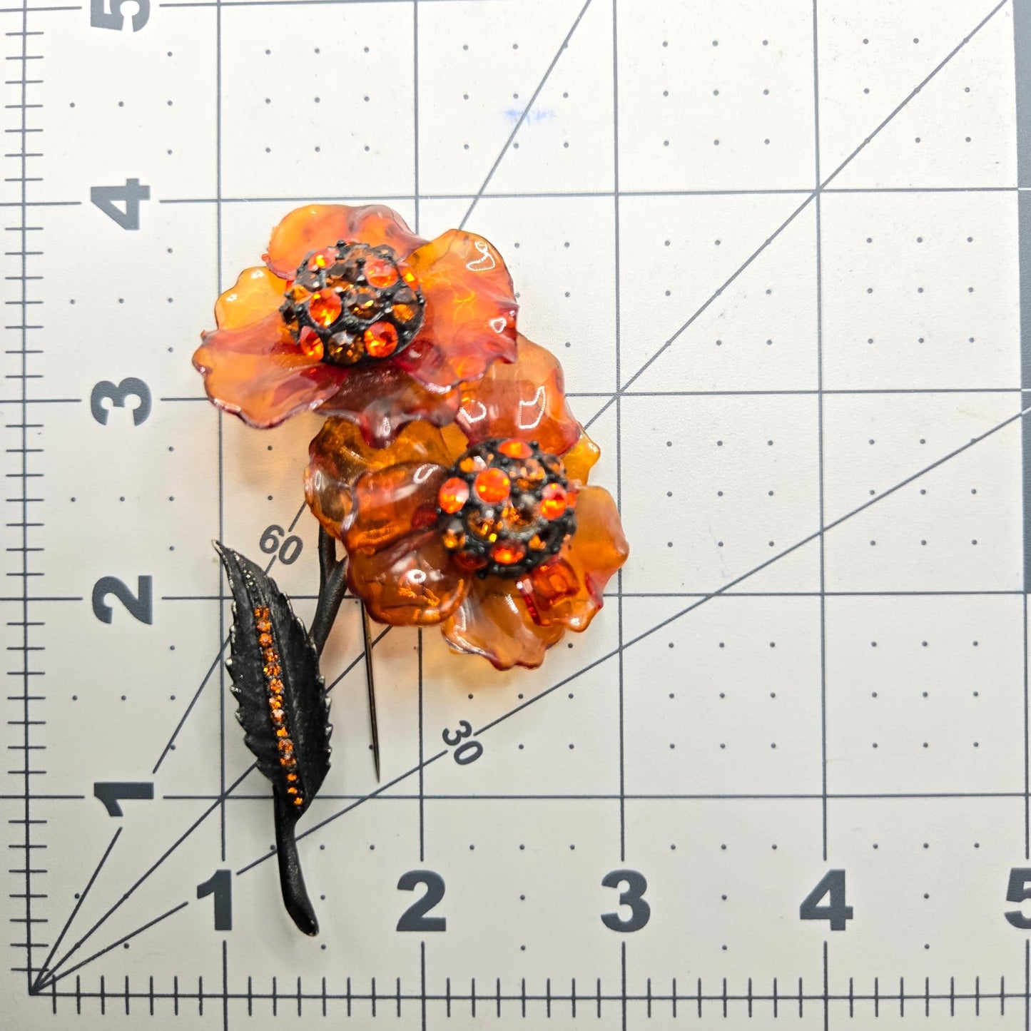 Vintage VENDOME signed huge Amber Lucite Flower rhinestones black Brushed enamel Brooch pin