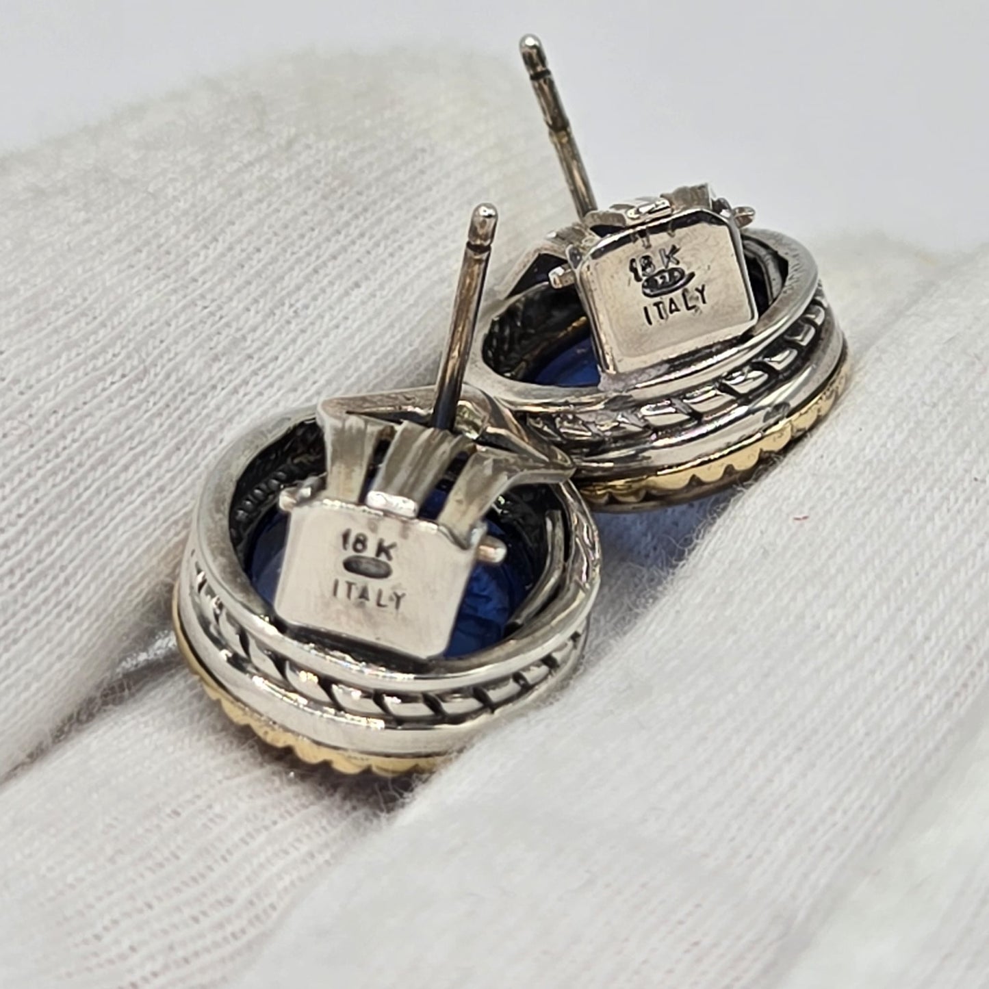 Vintage Italian FLLI MENEGATTI  925 Sterling Silver, 18K Yellow
Gold Blue Hand Carved Venetian Glass Intaglio EARRINGS