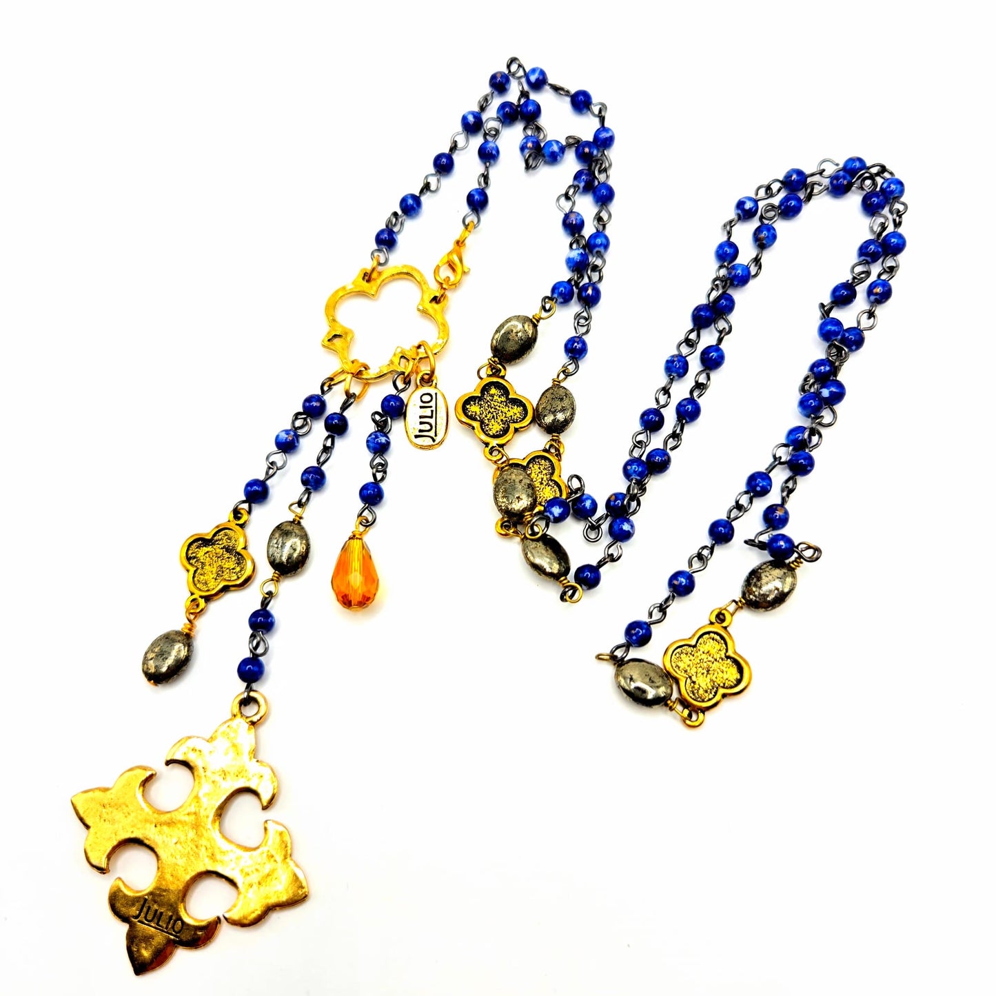 Vintage JULIO DESIGN Faux lapis lazuli beads Cross gold tone necklace