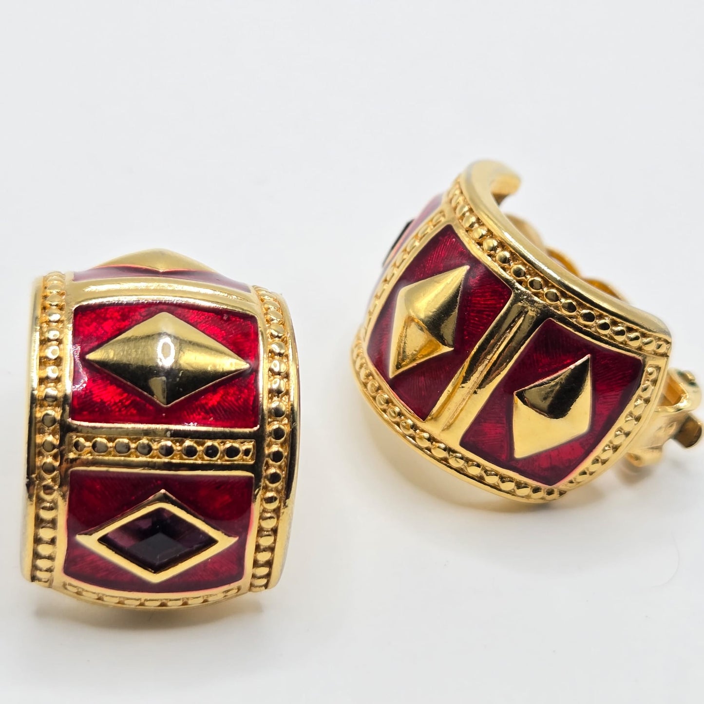 Vintage SWAROVSKI SWAN half hoop red enamel purple crystal gold tone Etruscan Clip On Earrings