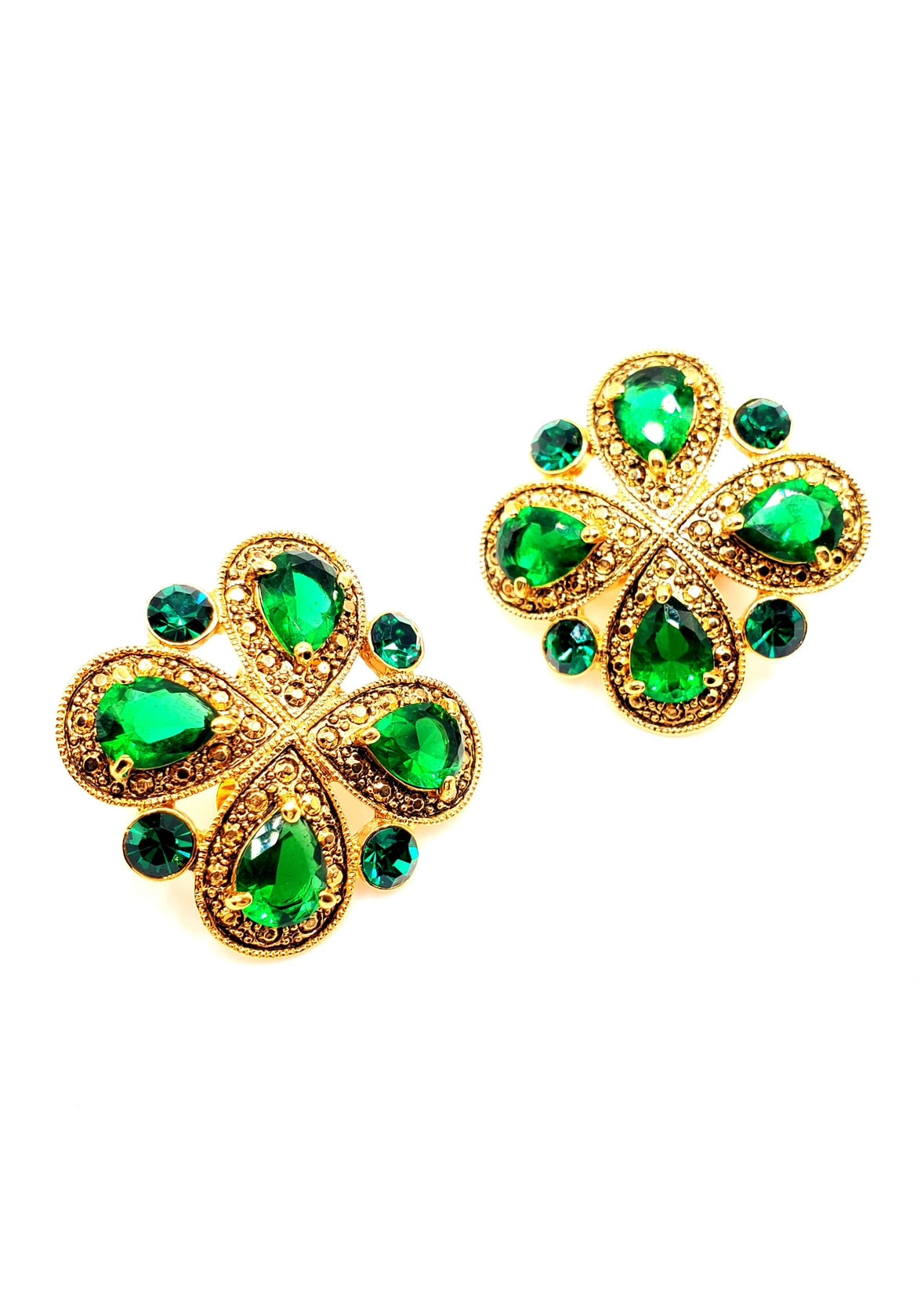 Vintage MONET Green Emerald Gold Tone Cross Clip On Earrings