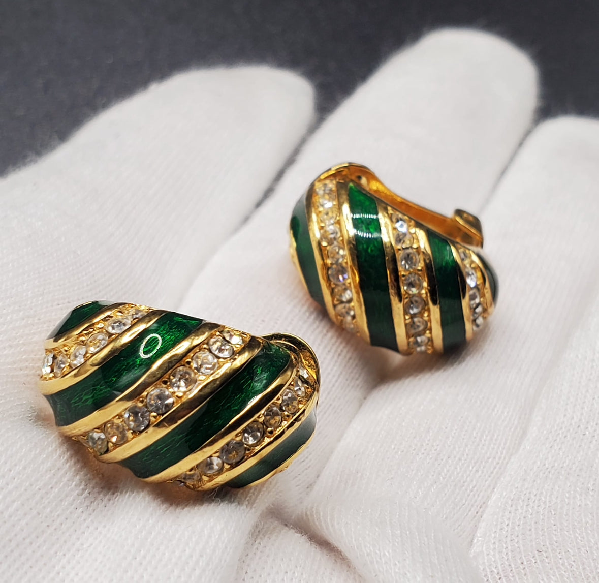 Vintage CHRISTIAN DIOR Signed Green Enamel Rhinestones Gold Tone Clip On Earrings