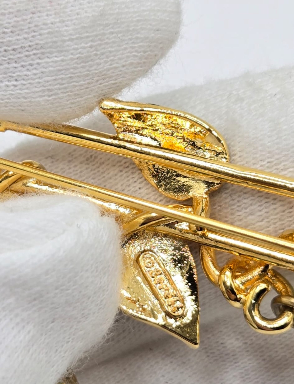 Vintage EDGAR BEREBI Pea Pods green enamel Faux Pearls dangle Pin Brooch