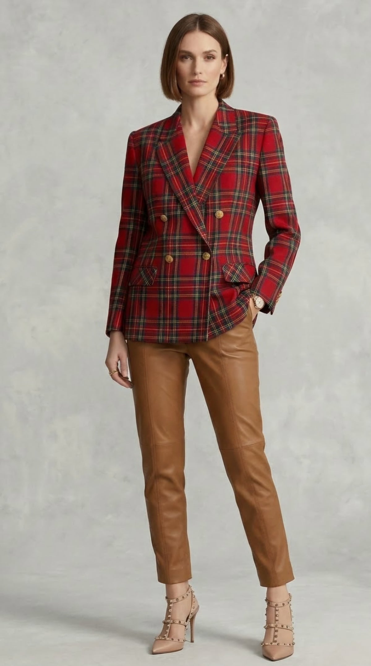 Vintage 80s GIORGIO SANT’ANGELO Red Tartan Plaid Wool Blazer Brass Buttons Sz 12 M-L