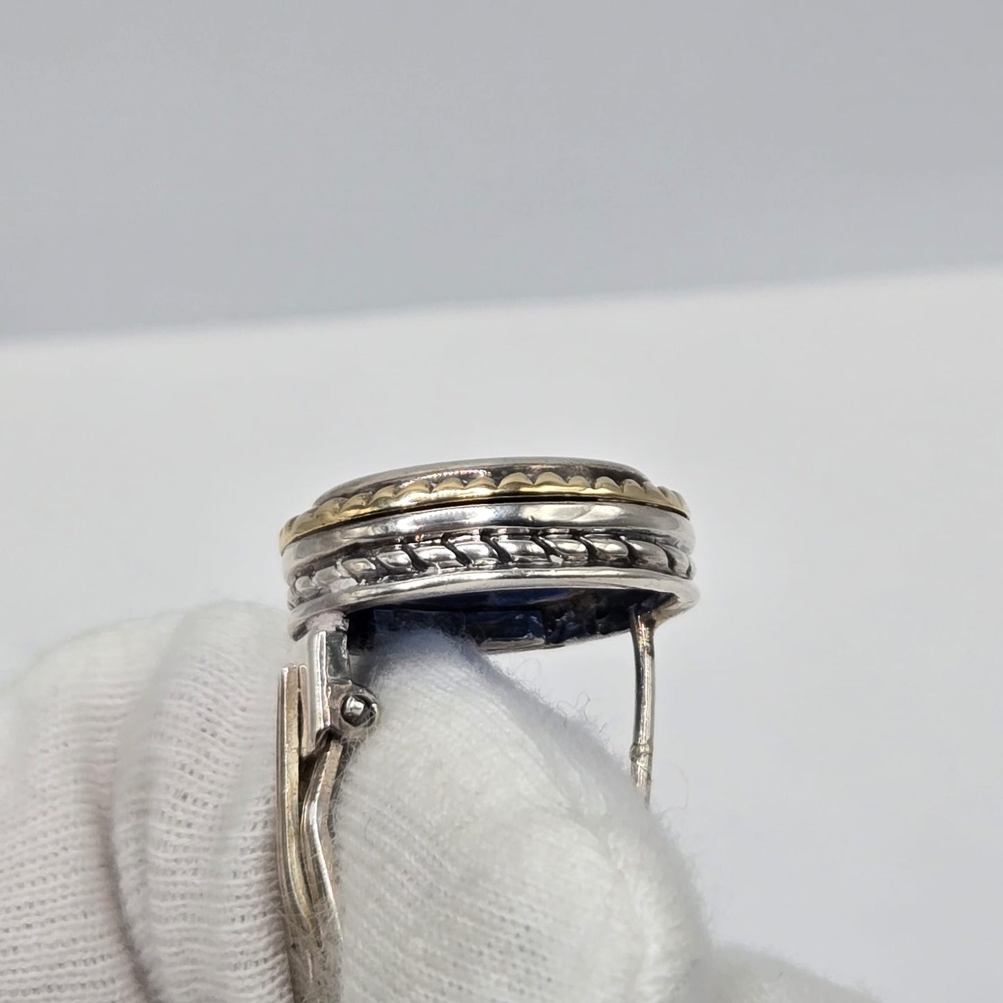 Vintage Italian FLLI MENEGATTI  925 Sterling Silver, 18K Yellow
Gold Blue Hand Carved Venetian Glass Intaglio EARRINGS