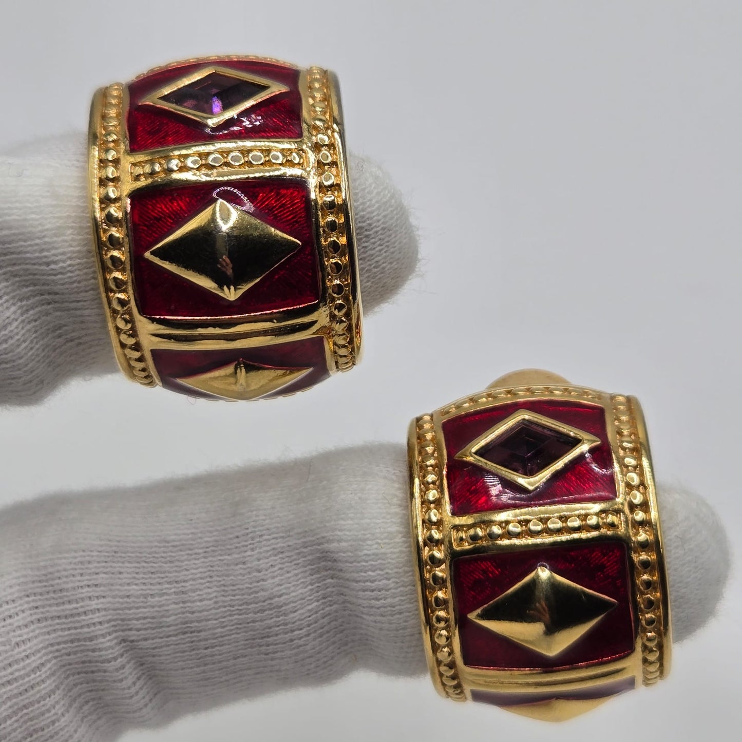 Vintage SWAROVSKI SWAN half hoop red enamel purple crystal gold tone Etruscan Clip On Earrings