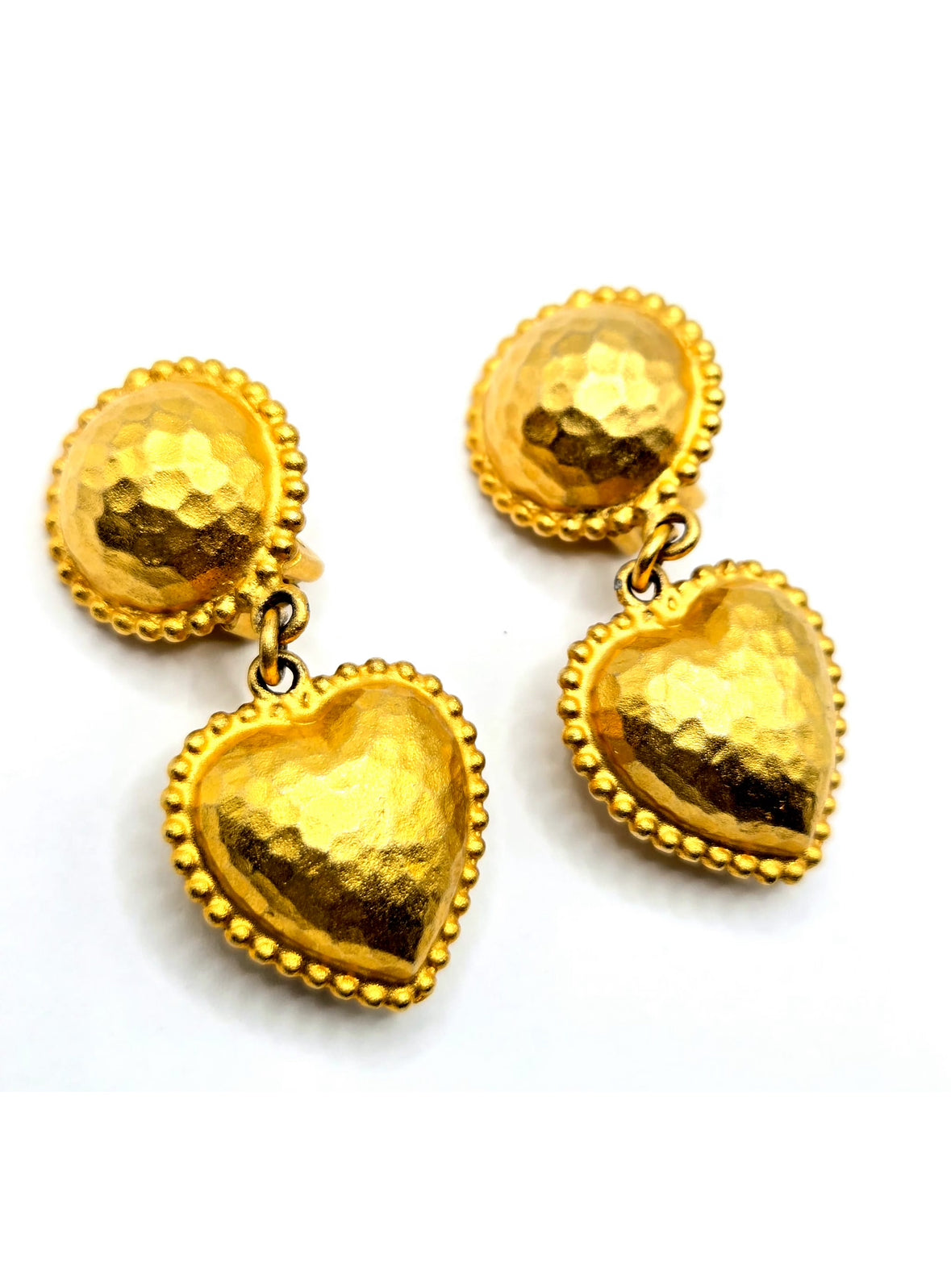 Vintage Heart Etruscan style gold tone designer runway clip on Earrings