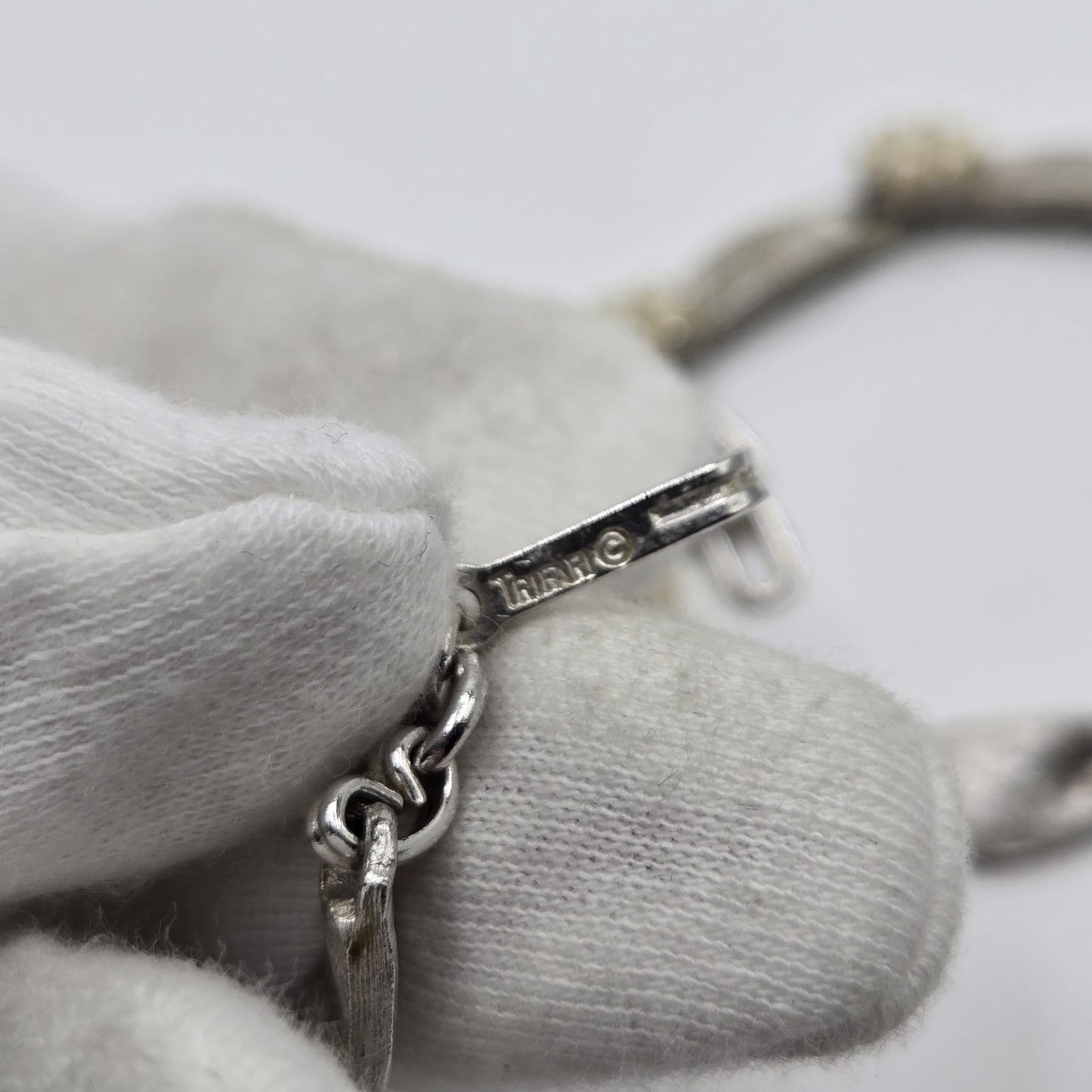 Vintage TRIFARI CROWN signed Ribbon Faux Pearls Brushed Silver tone Necklace and flower clip on earrings set