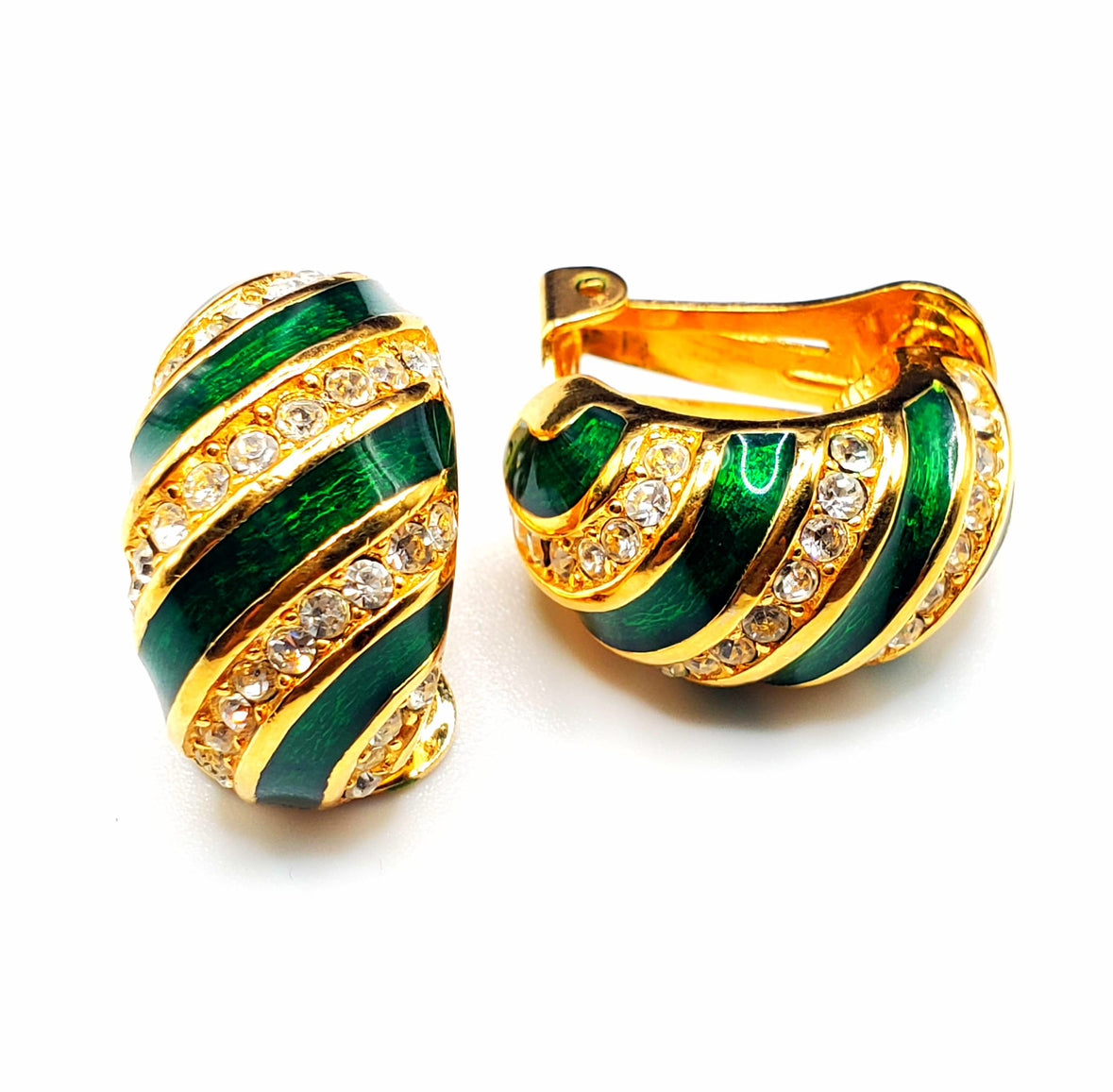 Vintage CHRISTIAN DIOR Signed Green Enamel Rhinestones Gold Tone Clip On Earrings