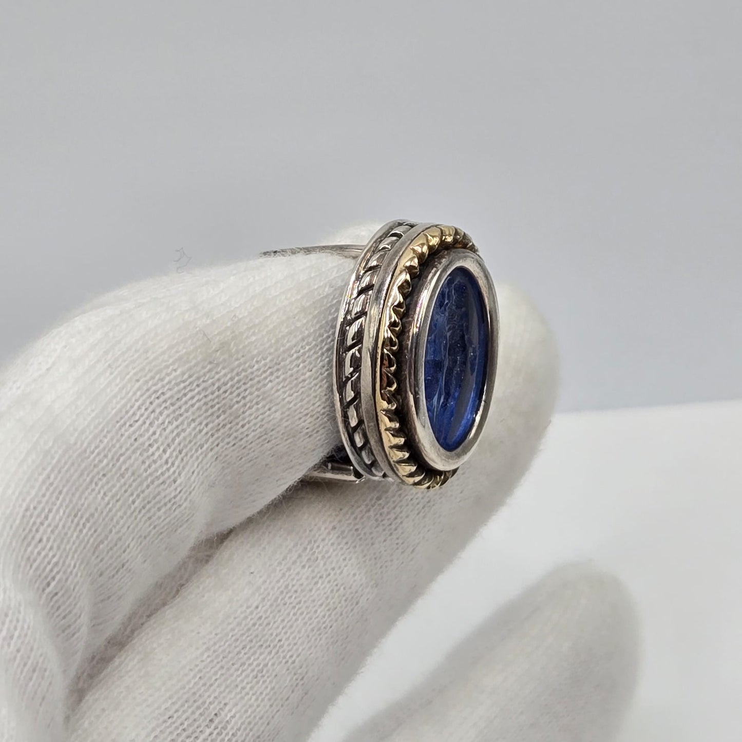 Vintage Italian FLLI MENEGATTI  925 Sterling Silver, 18K Yellow
Gold Blue Hand Carved Venetian Glass Intaglio EARRINGS