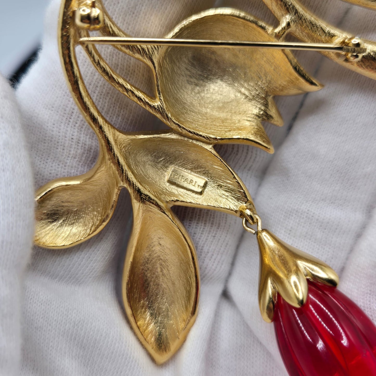 Vintage TRIFARI TM huge flower gold tone red enamel red lucite Dangle Brooch pin