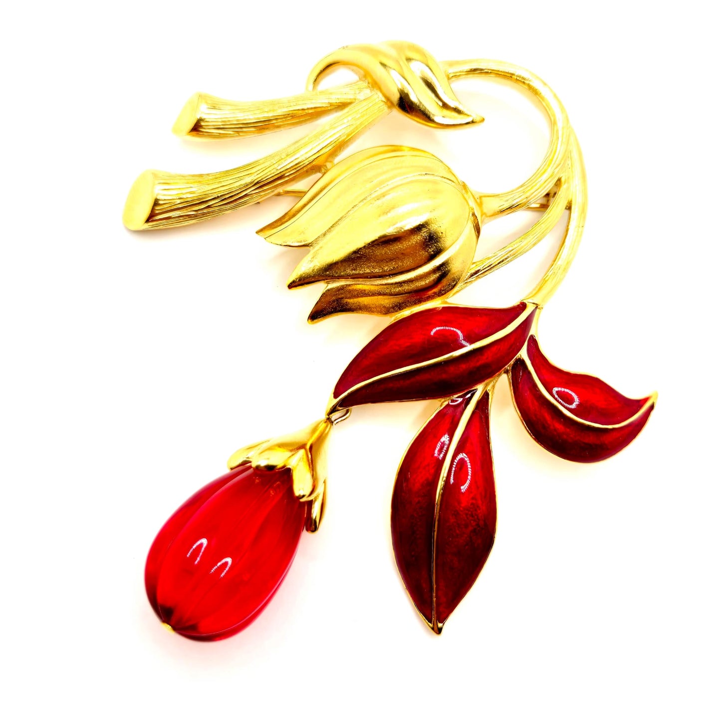 Vintage TRIFARI TM huge flower gold tone red enamel red lucite Dangle Brooch pin