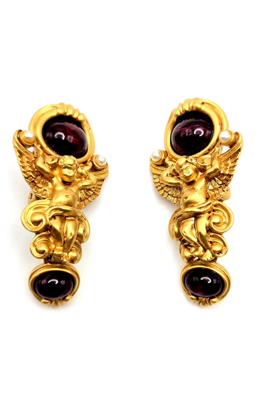 Vintage ELIZABETH TAYLOR For AVON Gilded Age Style Cherub Gold Tone Dangle Clip on Earrings