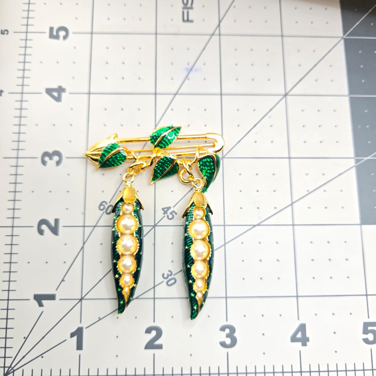 Vintage EDGAR BEREBI Pea Pods green enamel Faux Pearls dangle Pin Brooch
