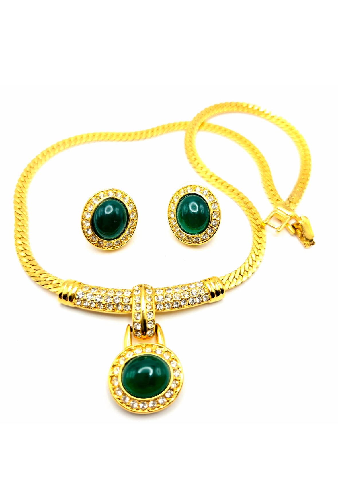Vintage ESTELLE Signed Green Cabochon, Rhinestones, Gold Tone Necklace and Earrings Set, Runway Designer
