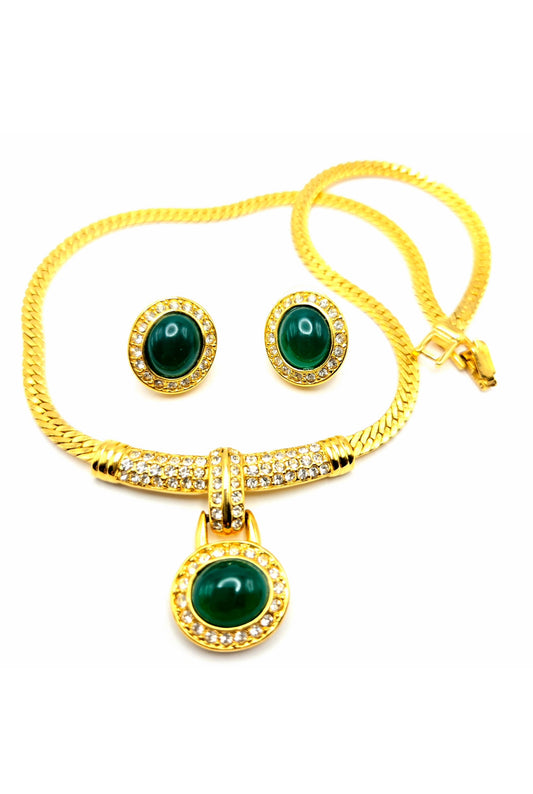 Vintage ESTELLE Signed Green Cabochon, Rhinestones, Gold Tone Necklace and Earrings Set, Runway Designer