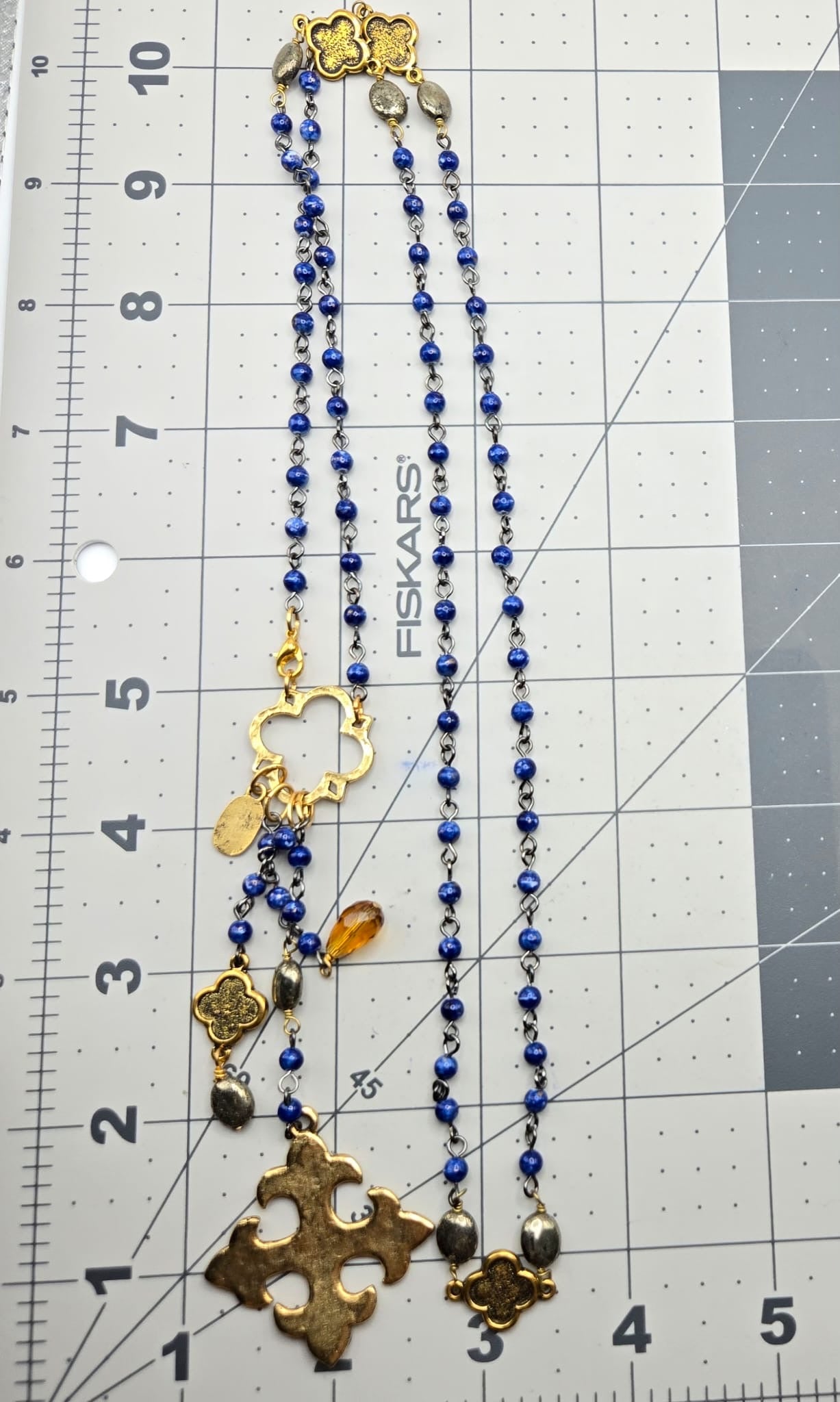 Vintage JULIO DESIGN Faux lapis lazuli beads Cross gold tone necklace
