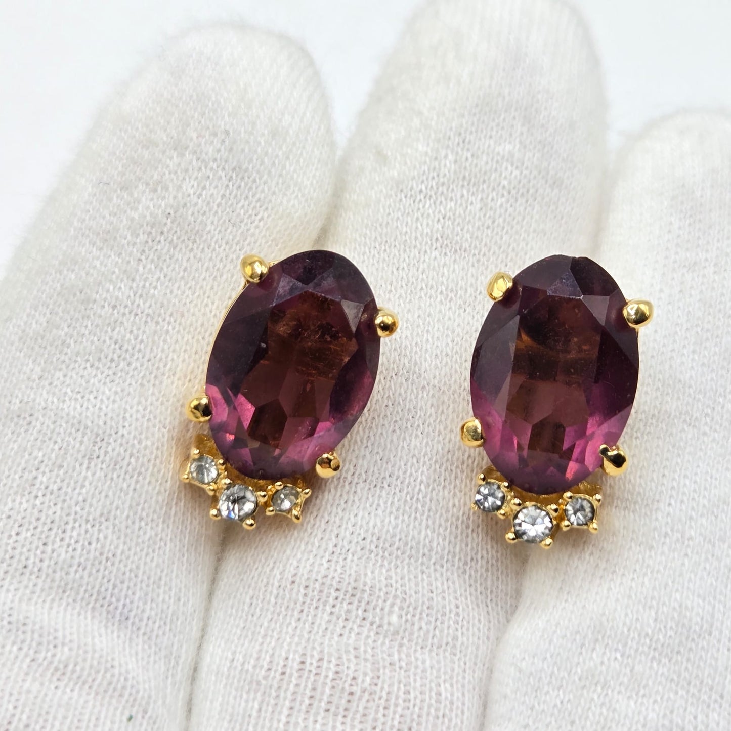 Vintage CHRISTIAN DIOR  Gold tone Amethyst Crystals Clip On Earrings