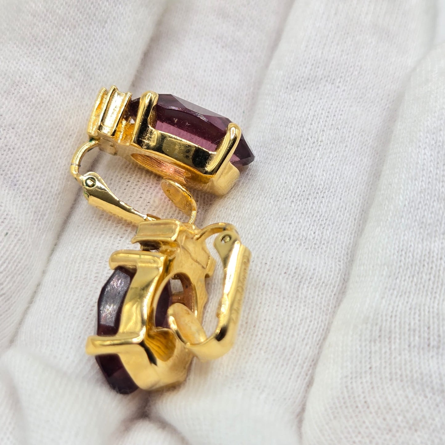 Vintage CHRISTIAN DIOR  Gold tone Amethyst Crystals Clip On Earrings
