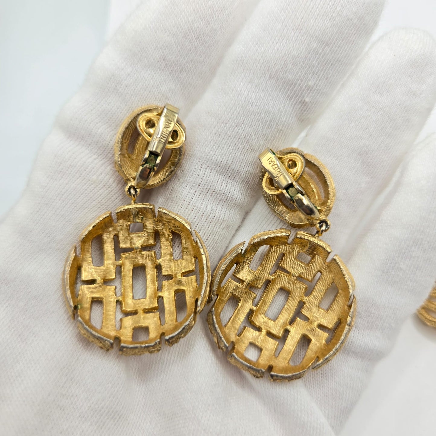 Vintage TRIFARI crown signed woven, open work  gold tone brooch pin and dangle clip on earrings set