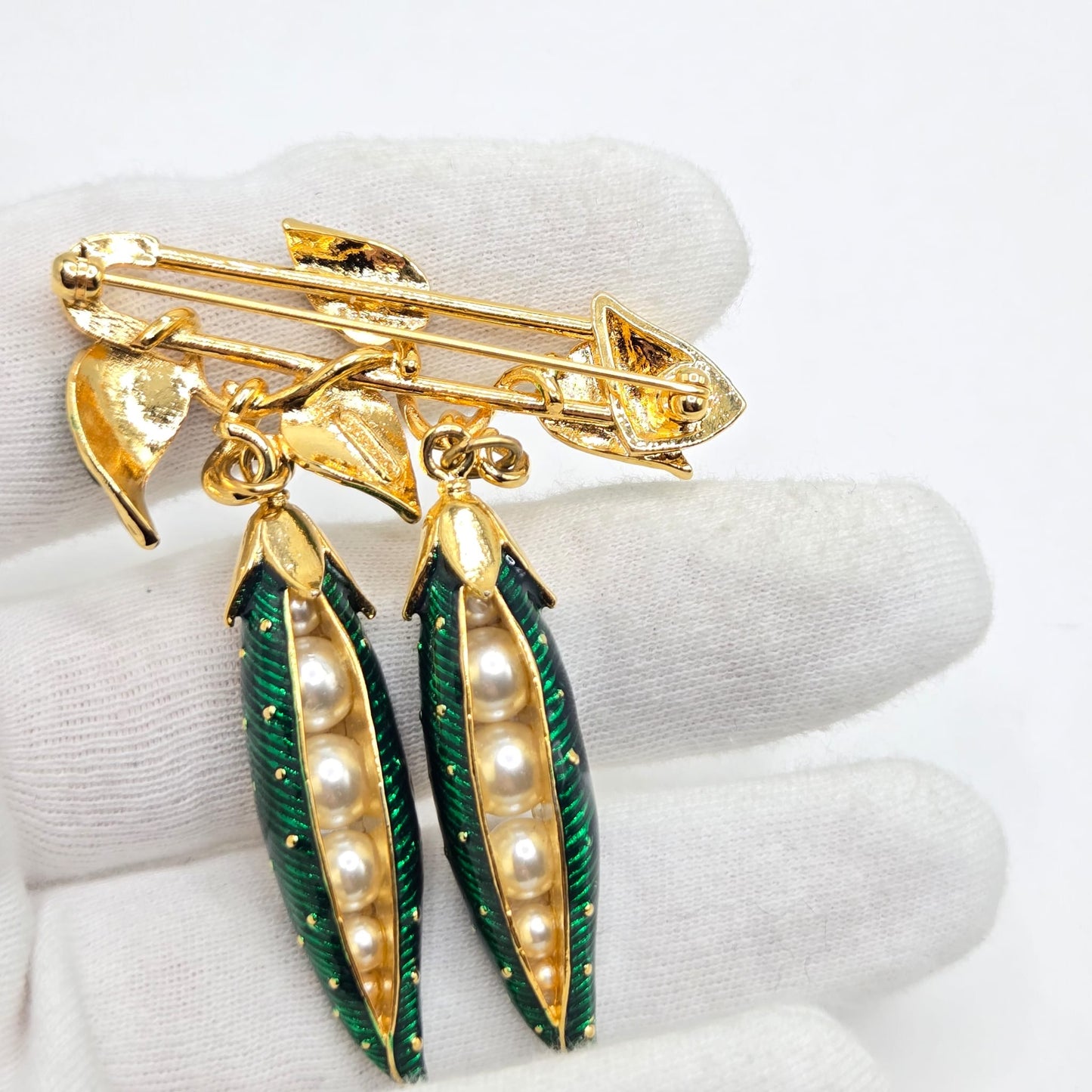 Vintage EDGAR BEREBI Pea Pods green enamel Faux Pearls dangle Pin Brooch