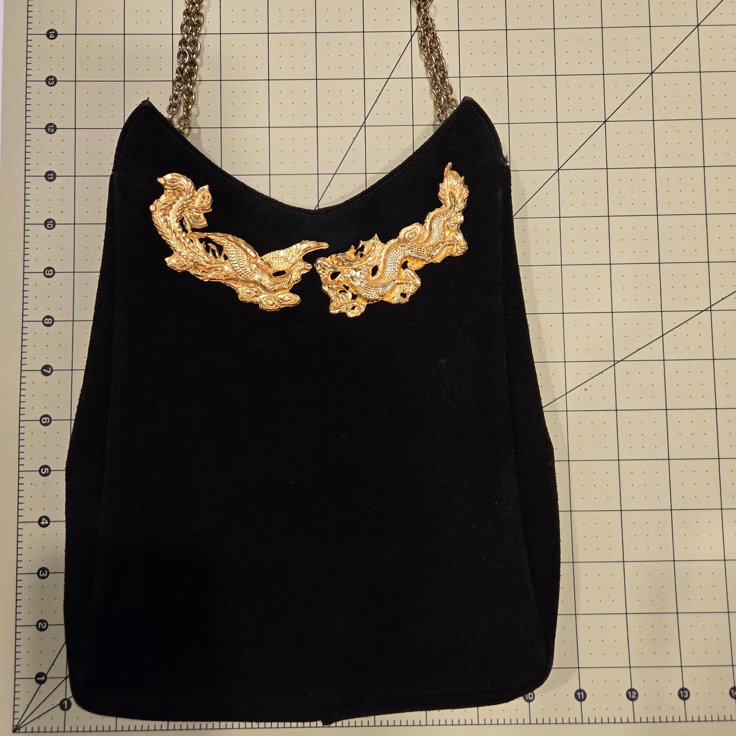 Vintage Black Suede Leather Gold
Dragon & Phoenix shoulder bag purse designer runway