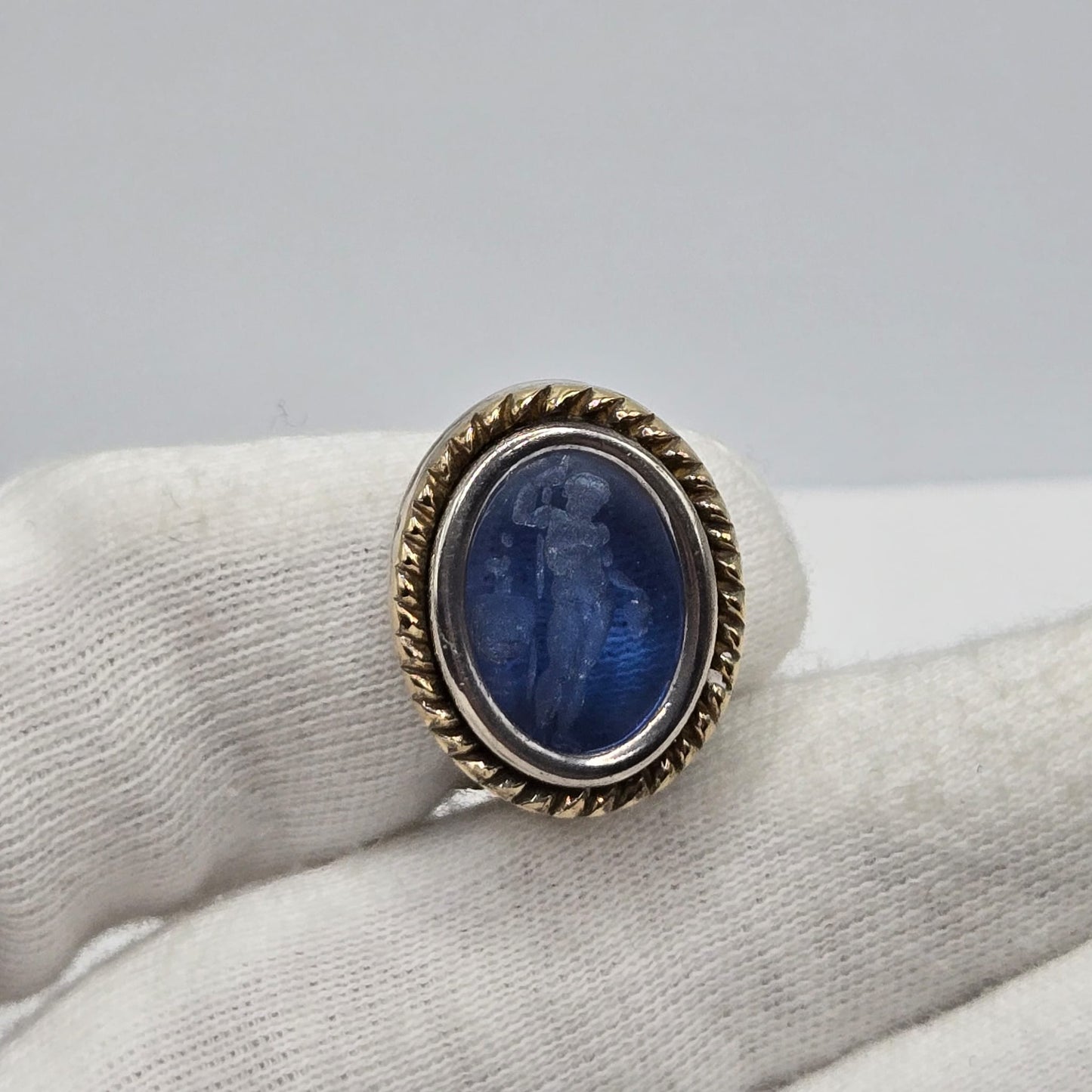 Vintage Italian FLLI MENEGATTI  925 Sterling Silver, 18K Yellow
Gold Blue Hand Carved Venetian Glass Intaglio EARRINGS