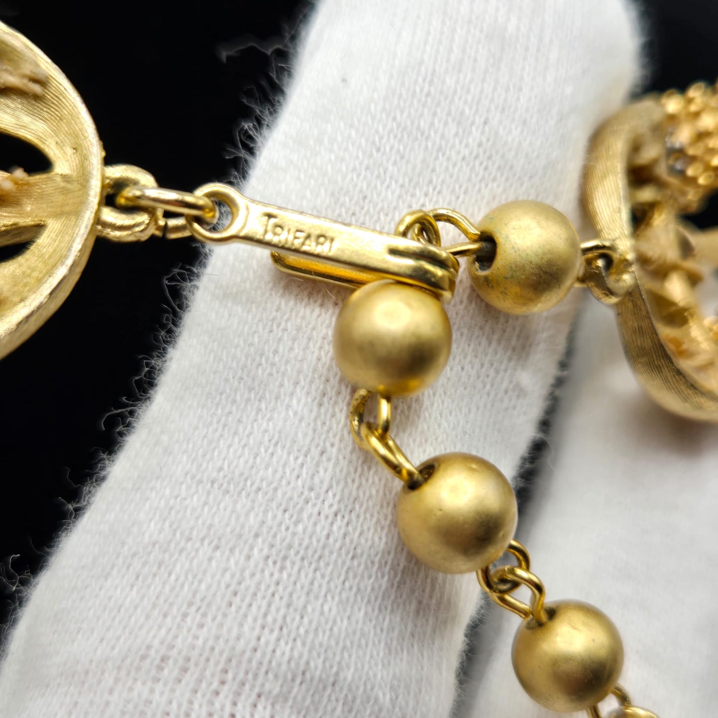 Vintage TRIFARI CROWN Electra Collection 3 Strand Gold Tone Necklace and clip on earrings set